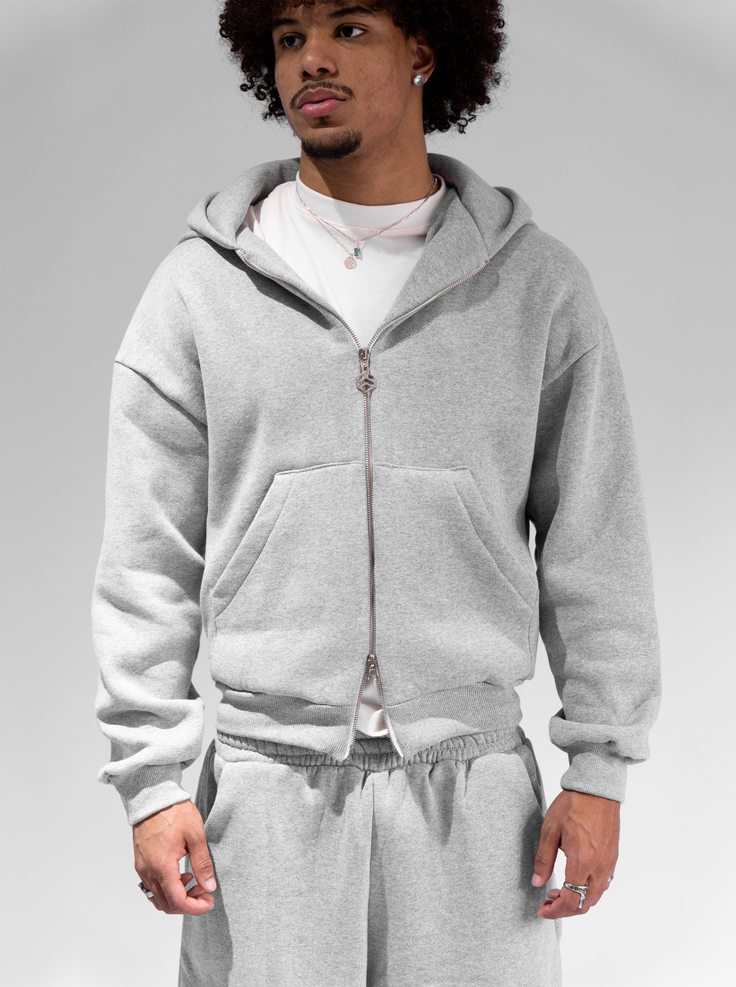Casaco Double Zip Capuz Duplo Cinza