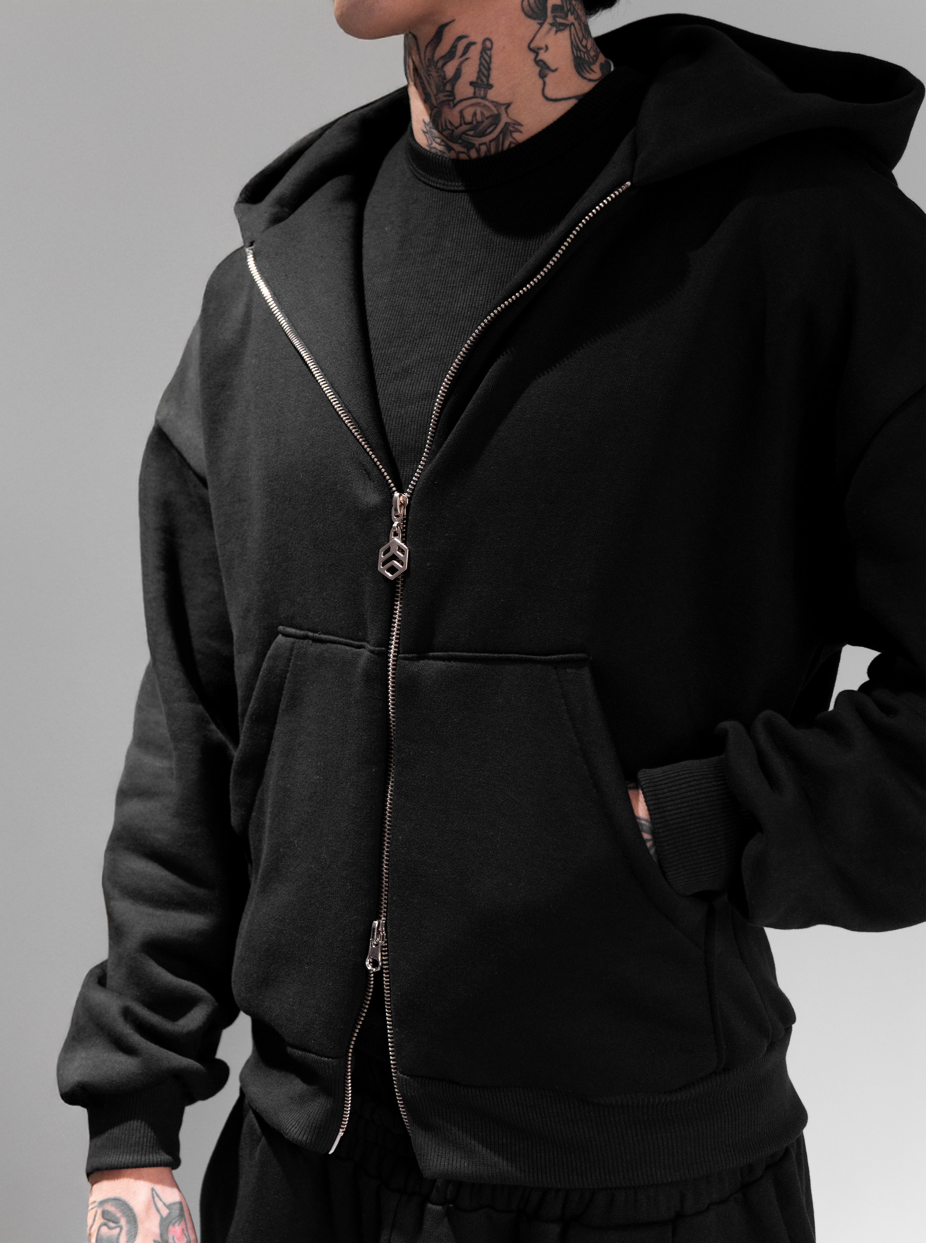 Casaco Double Zip Capuz Duplo Preto