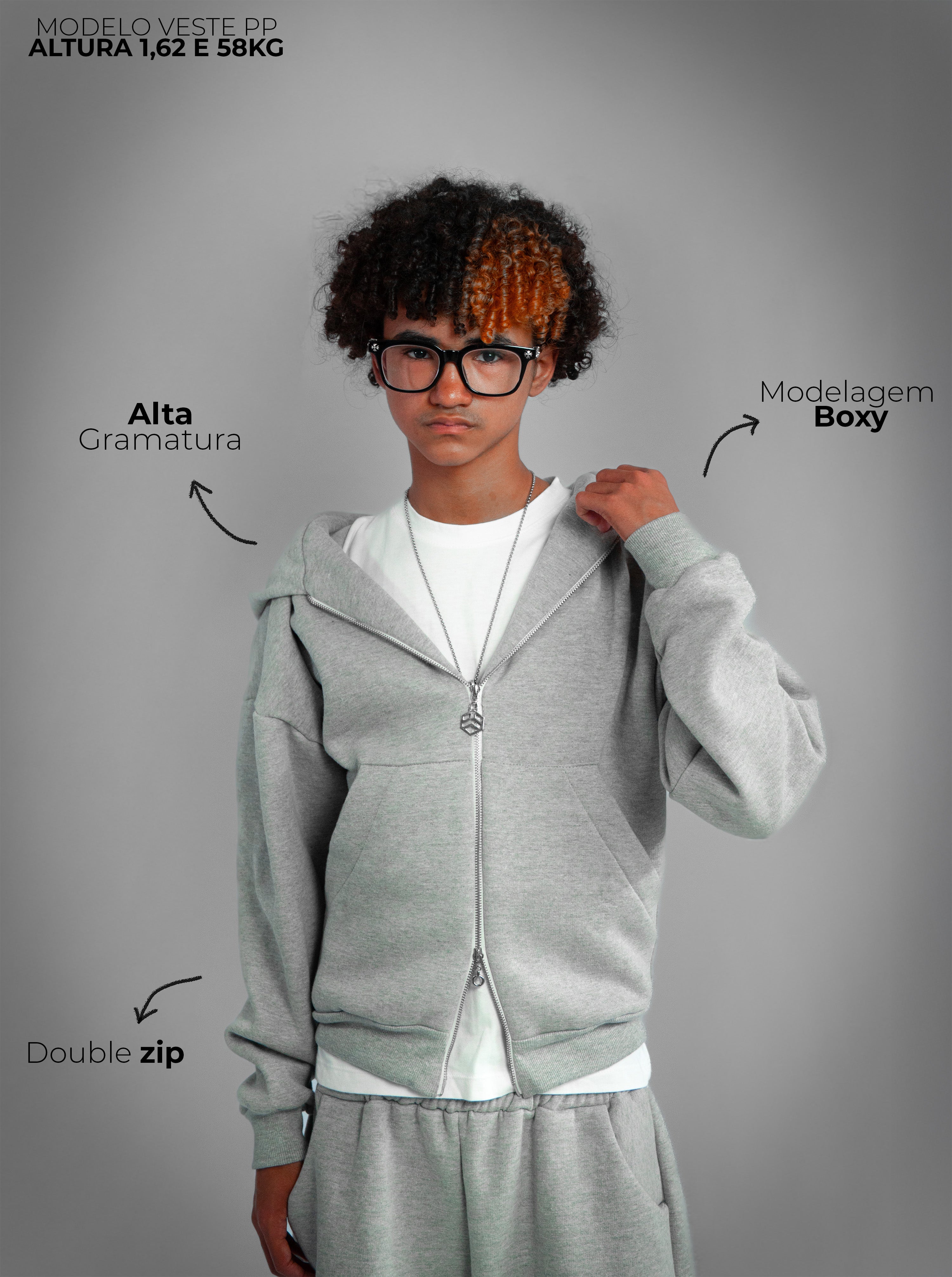 Casaco Double Zip Capuz Duplo Cinza