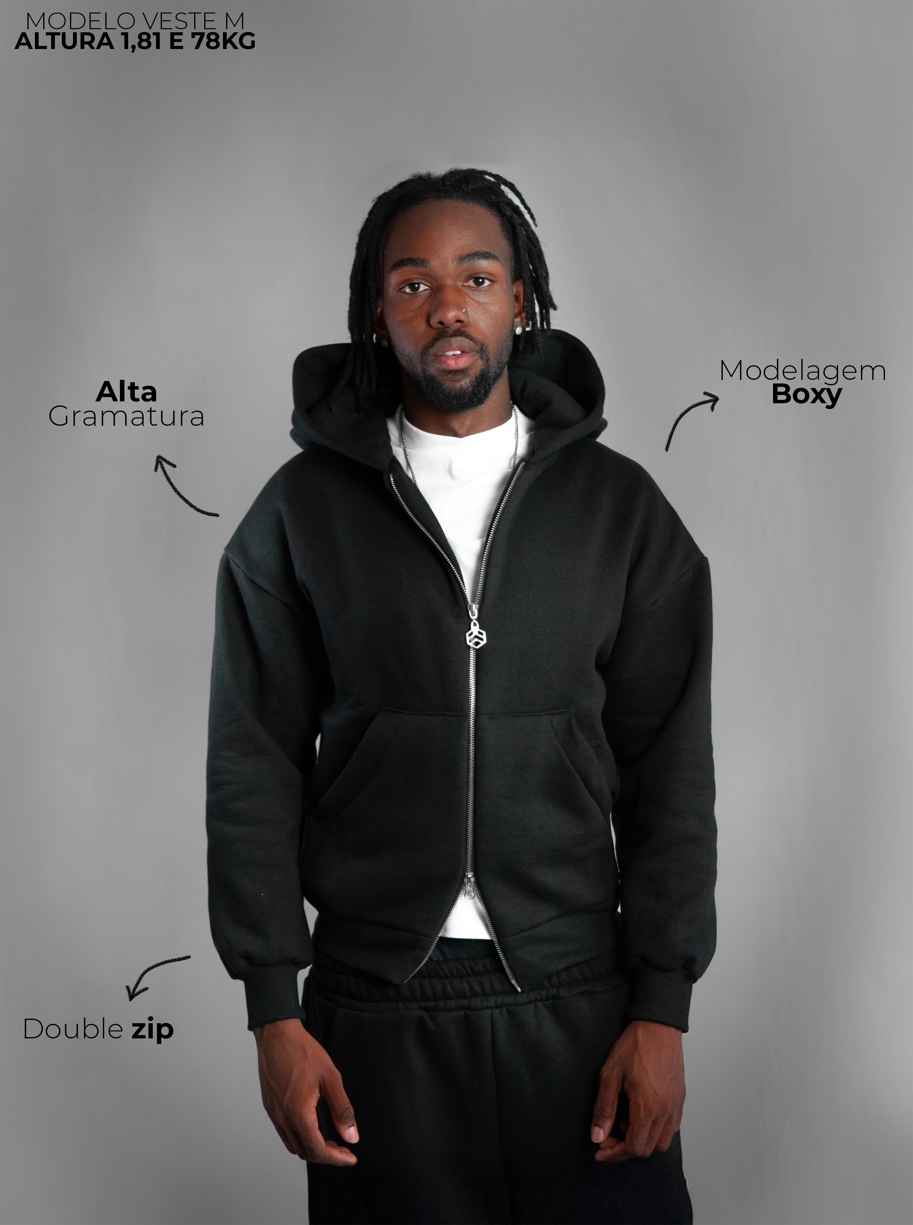 Casaco Double Zip Capuz Duplo Preto