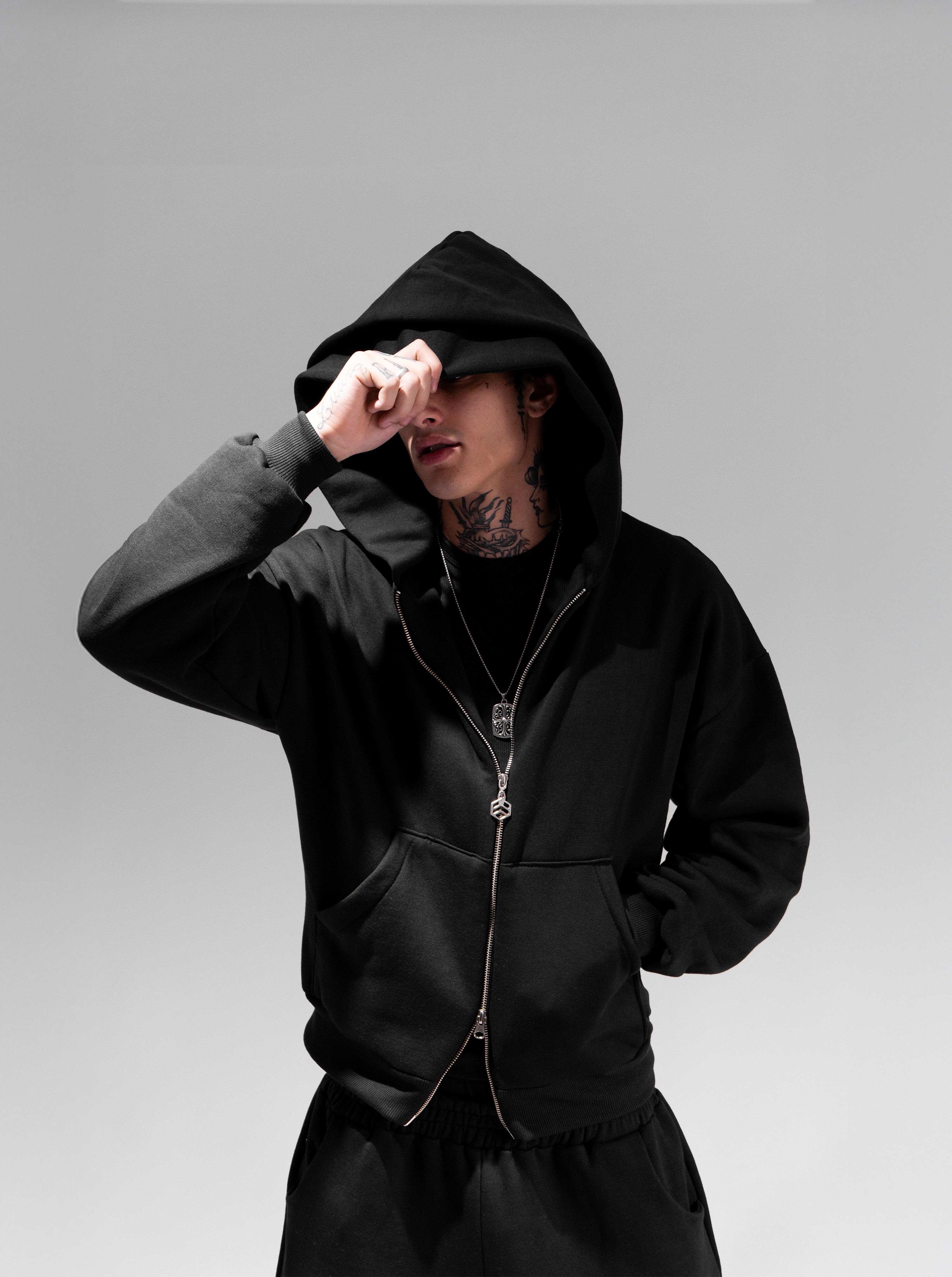 Casaco Double Zip Capuz Duplo Preto